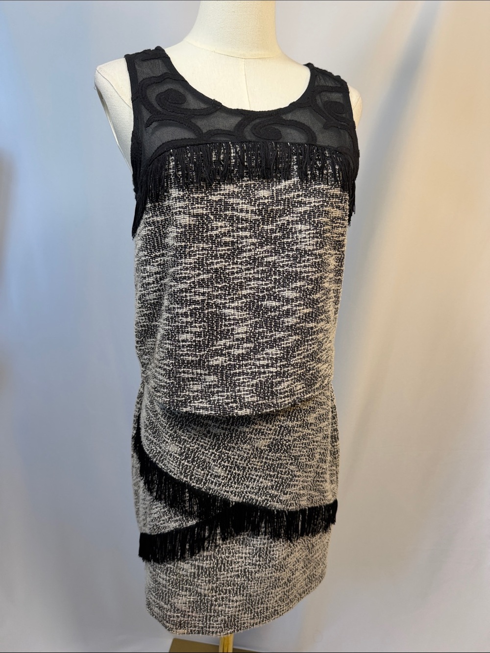 Jessica Simpson Tweed Fringe 2 Piece Skirt Set Black Ivory Lace S/M